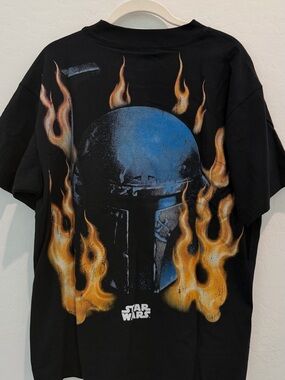 Star Wars Mandalorian Black Graphic Tee with Flame Helmet Print NWOT